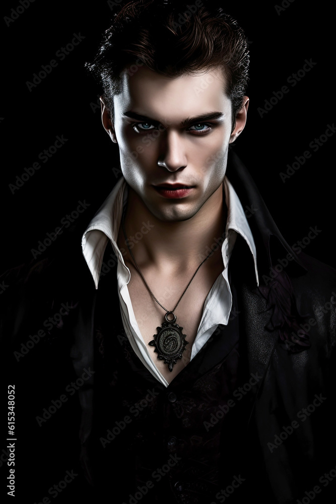 Handsome portrait of a male vampire on black. Vampire novel cover design.Generative AI illustration. - obrazy, fototapety, plakaty 