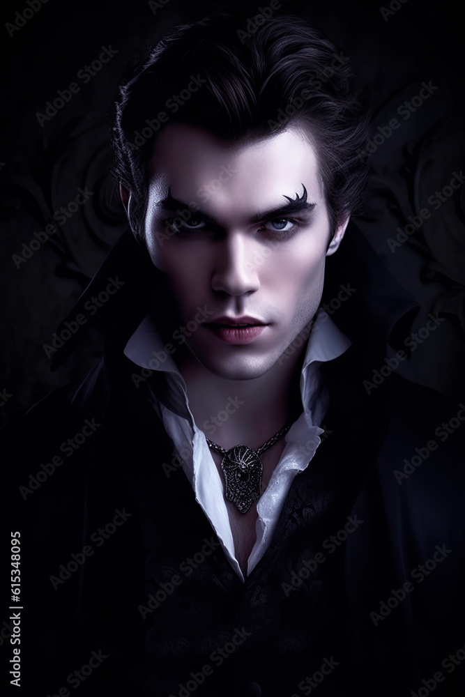 Portrait of an attractive male vampire or dark magician on black. Vampire novel cover design. Generative AI illustration. Portrait of an attractive male vampire or dark magician on black. Vampire novel cover design. Generative AI illustration.