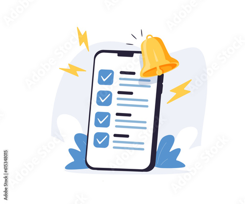 Task management todo check list with mobile phone holding hand, 3d mobile list report for exam, fast progress, level up