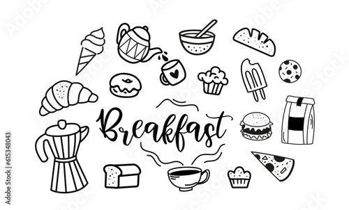 Breakfast doodle set food vector icons. Morning food menu design with typography word - breakfast. Illustration with elements of kitchen for menu, background, poster, banner. Doodle icon breakfast.
