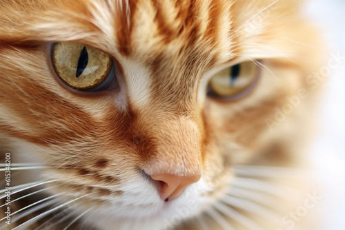 closeup shot of a fluffy ginger domestic cat looking directly on a white background