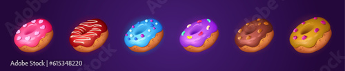 Vector donut cake set cartoon icon illustration. Isolated doughnut food dessert with chocolate and icing for birthday or breakfast. Yummy sweet glazed dough bakery with caramel and cream drawing.