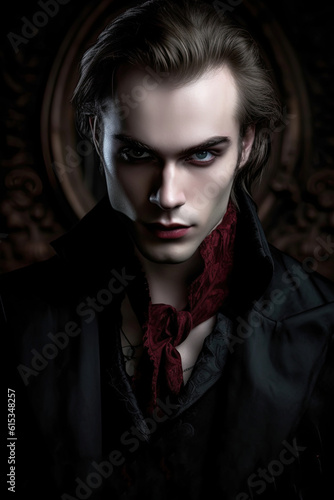 Portrait of an attractive male vampire on black. Vampire novel cover design.Generative AI illustration.