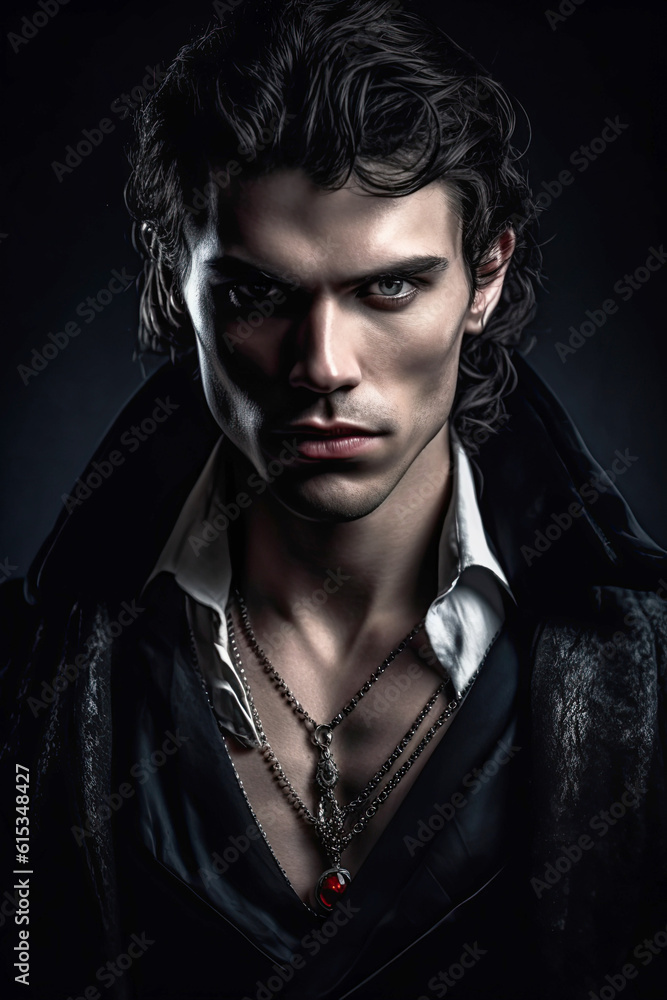 Portrait of an attractive male vampire or dark magician on black. Vampire novel cover design. Generative AI illustration. Portrait of an attractive male vampire or dark magician on black. Vampire novel cover design. Generative AI illustration.