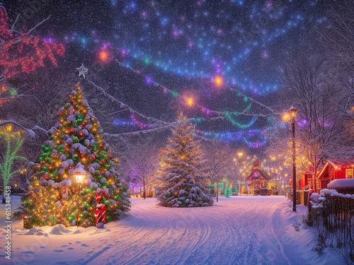 Magical winter wonderland illuminated by colorful holiday lights,