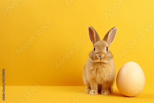 Easter bunny rabbit with painted egg on yellow wall background