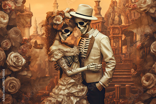 Billede på lærred Day of the Dead Bride and Groom created with Generative AI technology