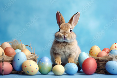 Easter bunny rabbit with painted eggs on blue wall background