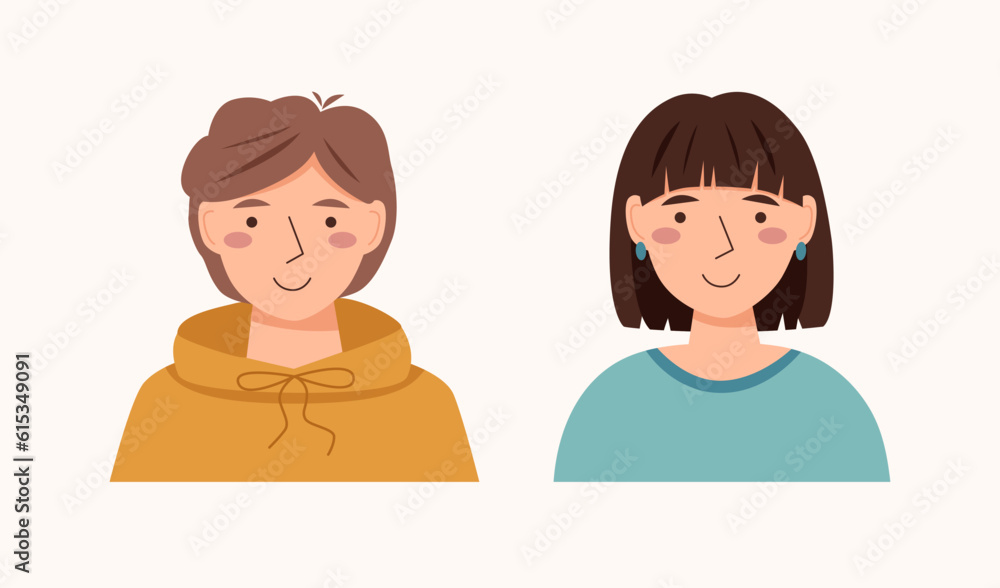 Teenager boy and girl avatars in the flat style. Portraits of boy and girl. Teenager boy and girl avatars in the flat style. Portraits of boy and girl.