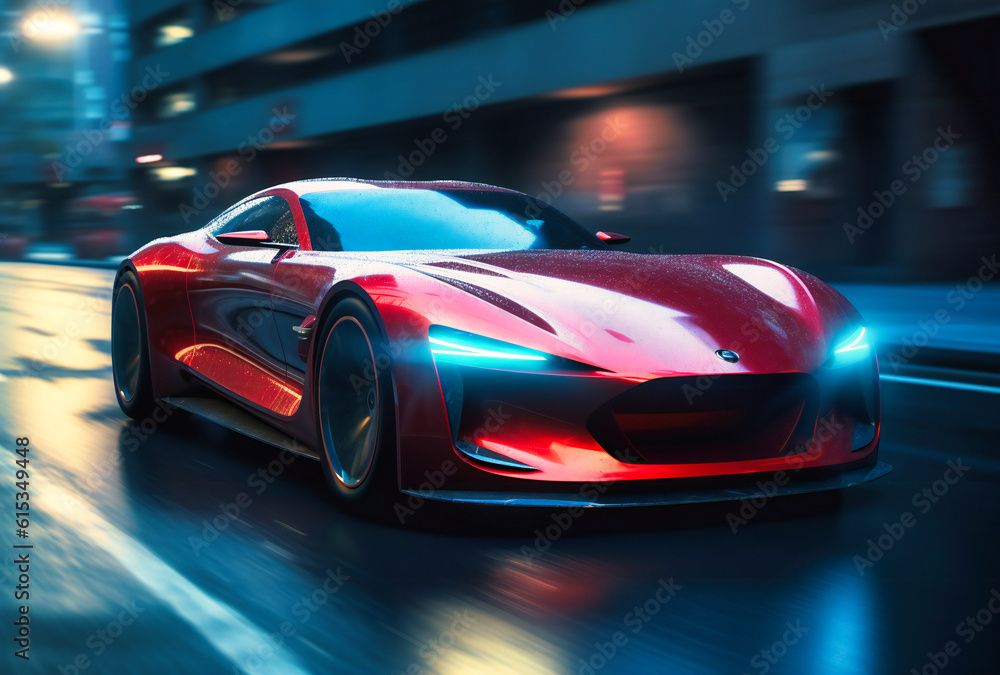 a red sports car driving down a road a red sports car driving down a road