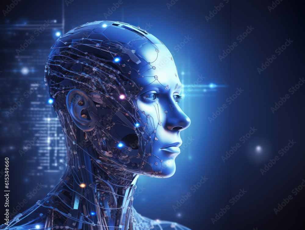 Artificial intelligence digital technology concept. Humanoid robot head isolated on digital background Artificial intelligence digital technology concept. Humanoid robot head isolated on digital background