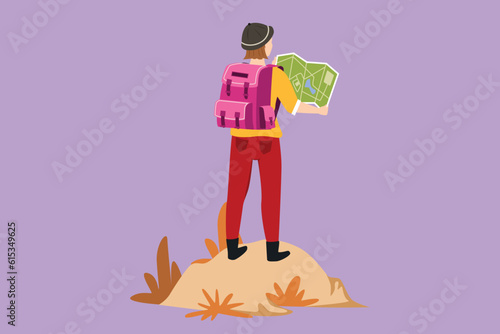 Cartoon flat style drawing back view of woman hiker with backpack and map hiking in mountain, forest, exploring nature. Active outdoor travelling. Tourism concept. Graphic design vector illustration