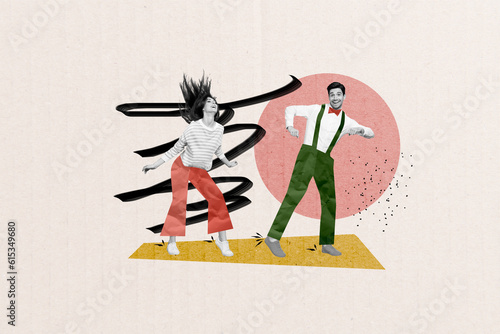 Carefree party retro couple collage dancing girlfriend with boyfriend together spend time wear elegant outfit isolated on white background