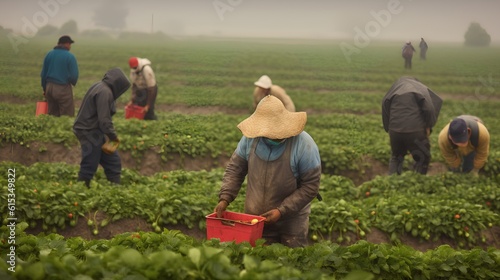 Farmworkers laboring in the field. Significance of manual labor in the agricultural sector, focusing on the diligence and hard work of farmworkers who contribute to food production. Generative AI