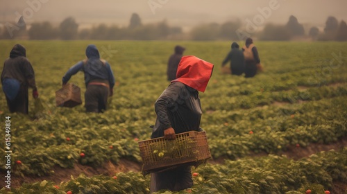 Farmworkers laboring in the field. Significance of manual labor in the agricultural sector, focusing on the diligence and hard work of farmworkers who contribute to food production. Generative AI