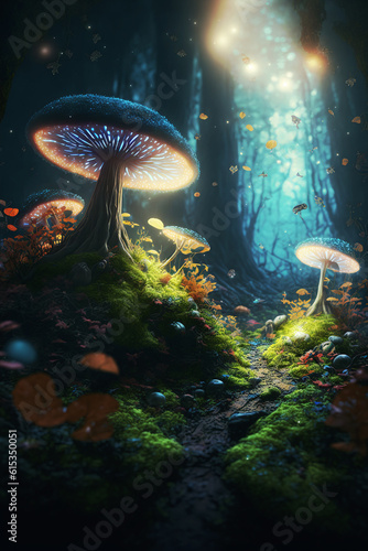 psychedelic glowing mushrooms in a dark forest