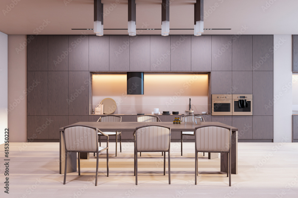 Front view of modern kitchen interior design with wooden dining table with chairs, white and grey walls and contemporary lamps. 3D Rendering