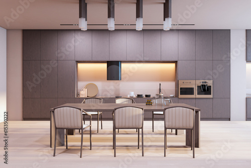 Front view of modern kitchen interior design with wooden dining table with chairs, white and grey walls and contemporary lamps. 3D Rendering © Who is Danny