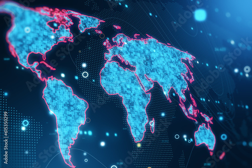 Global social network connection concept with perspective view on digital blue pixel world map with red contour on dark technological background with data visualization. 3D rendering