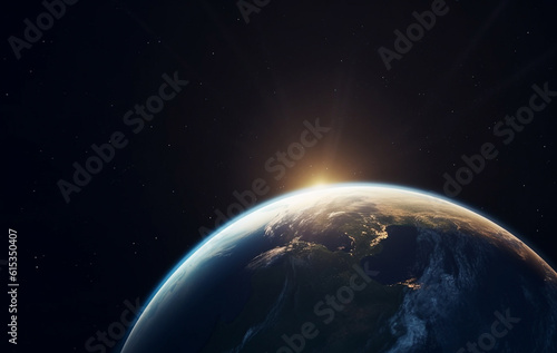 Earth, surface or sunrise in space, universe and galaxy for science research, astrology and planet exploration. Ai generated, astronomy and solar system with world sunset, dark sky or night mockup
