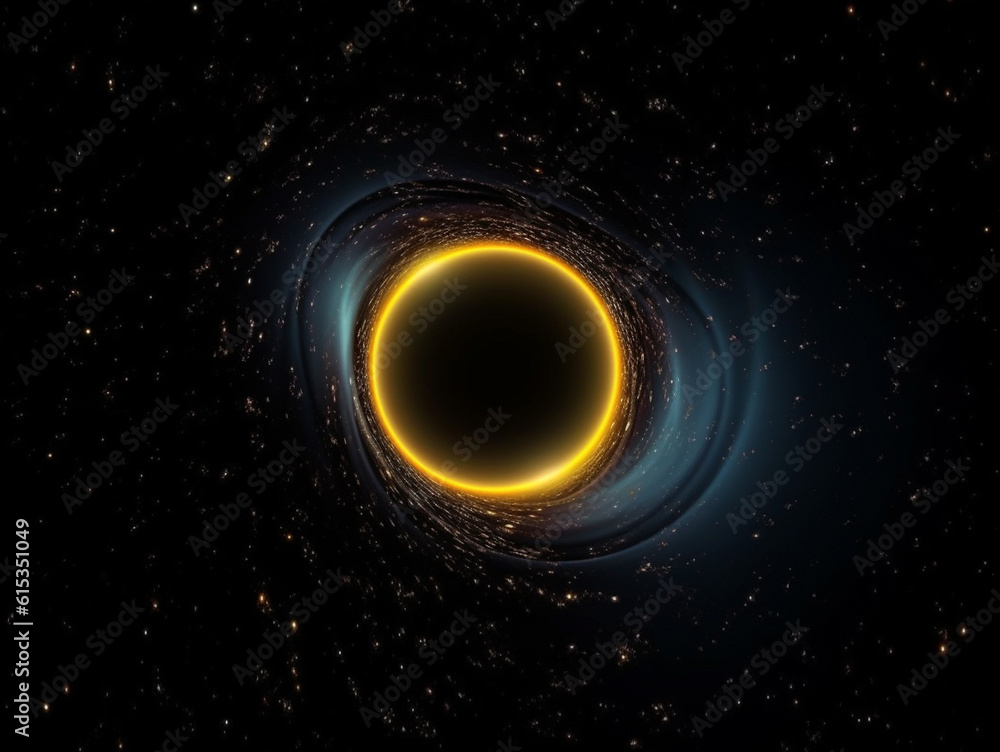 Fototapeta premium Black hole, big bang and universe vortex in dark sky for astrology, solar system and space in science research. Ai generated, ring and dimension tunnel of explosion, cosmic creation and sun eclipse