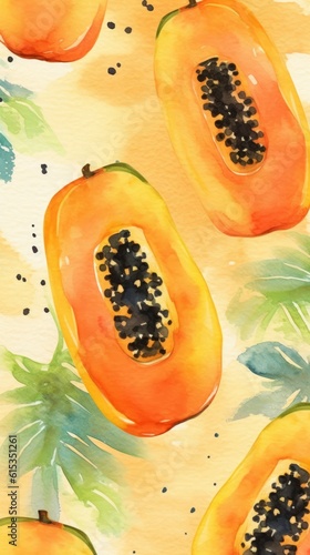 Fresh Organic Papaya Fruit Background, Vertical Watercolor Illustration. Healthy Vegetarian Diet. Ai Generated Soft Colored Watercolor Illustration with Delicious Juicy Papaya Fruit. photo