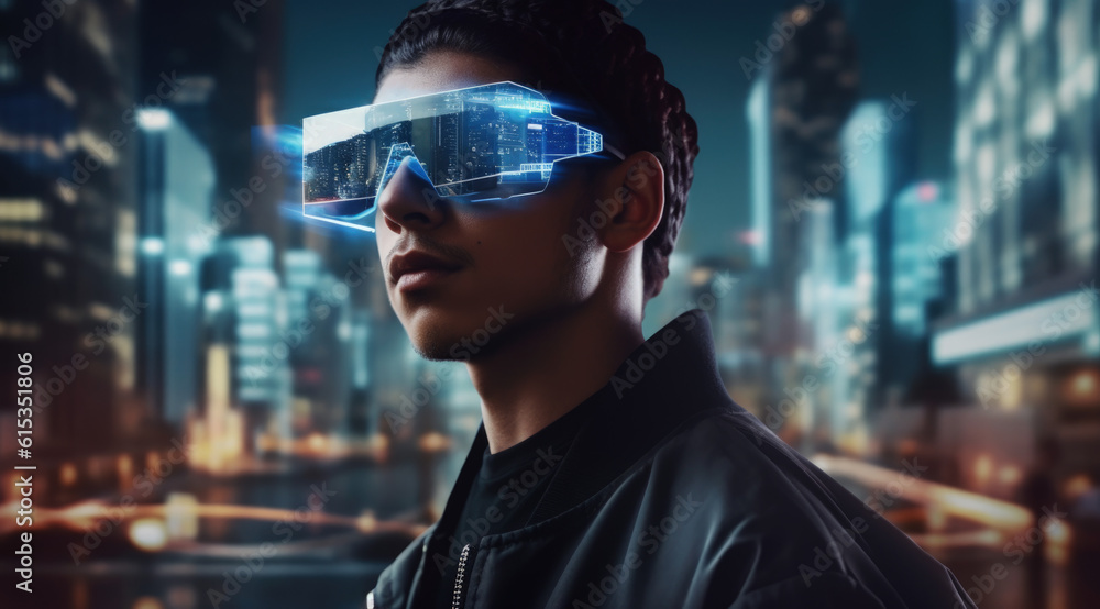 AI-generated image of a man wearing AR glasses with city background. AI-generated image of a man wearing AR glasses with city background.