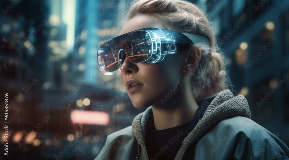 AI-generated image of a woman wearing AR glasses with city background. AI-generated image of a woman wearing AR glasses with city background.