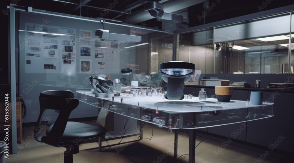AI-generated image of an office where you can see the development of augmented reality glasses. 