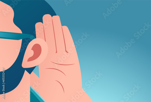 Vector of a nosy man with hand to ear gesture listens carefully photo
