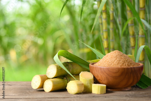 Brown sugar with fresh sugar cane on wooden table with sugar cane plantation farming background. photo