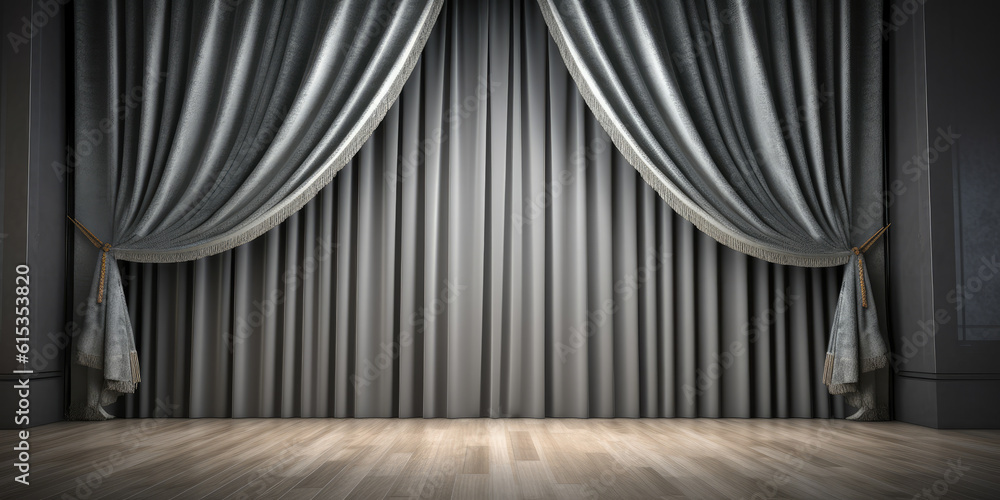 Grey stage curtain on wooden floor. Generative AI