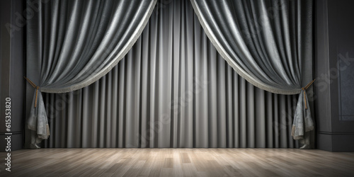 Obraz na płótnie Grey stage curtain on wooden floor. Generative AI w salonie