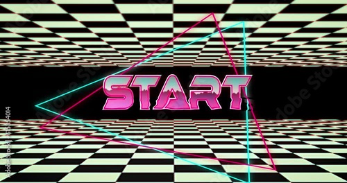 Animation of start text banner over neon triangular shapes against chequerboard pattern