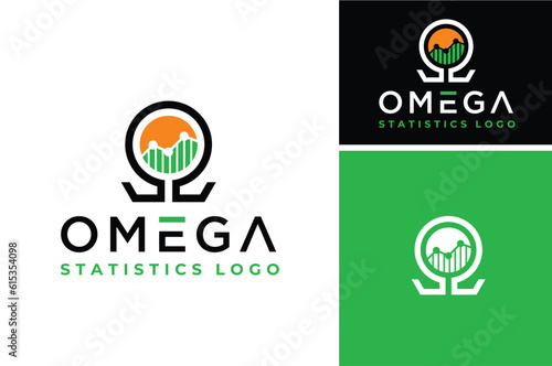 Initial Letter O with Omega symbol and Statistic Chart Bar for Marketing Business Financial Diagram logo design