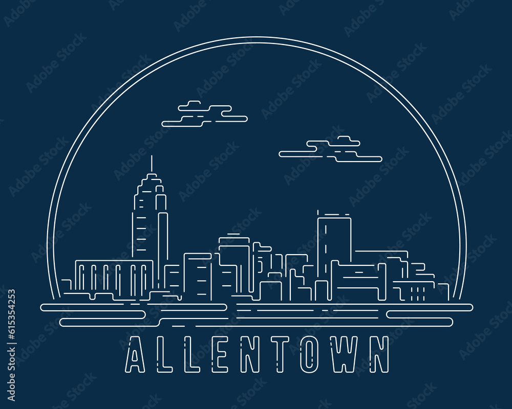 Fototapeta premium Allentown, Pennsylvania - Cityscape with white abstract line corner curve modern style on dark blue background, building skyline city vector illustration design