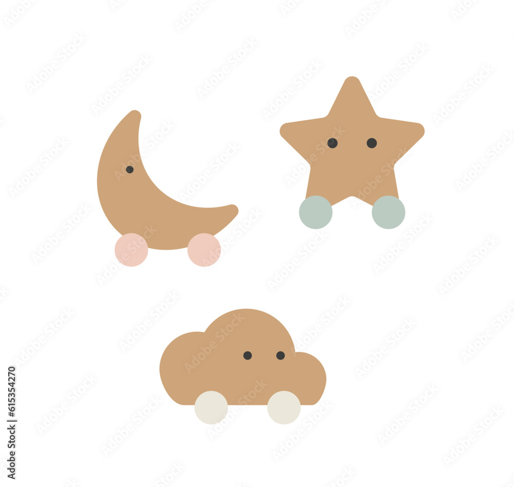 Baby star and cloud scandinavian style concept. Baby crib hanging toys. Leisure and relaxation, dream. Comfort and coziness. Cartoon flat vector illustration isolated on white background Baby star and cloud scandinavian style concept. Baby crib hanging toys. Leisure and relaxation, dream. Comfort and coziness. Cartoon flat vector illustration isolated on white background