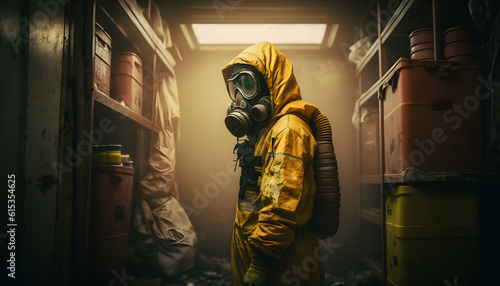 Banner apocalypse radioactive war, man in nuclear radiation protection costume yellow in bomb shelter. Generation AI photo