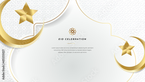 Vector eid al adha mubarak ramadan kareem white background design with crescent moon and mosque premium vector