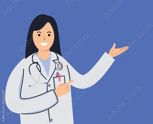 young female doctor in uniform showing directions or healthcare consultation