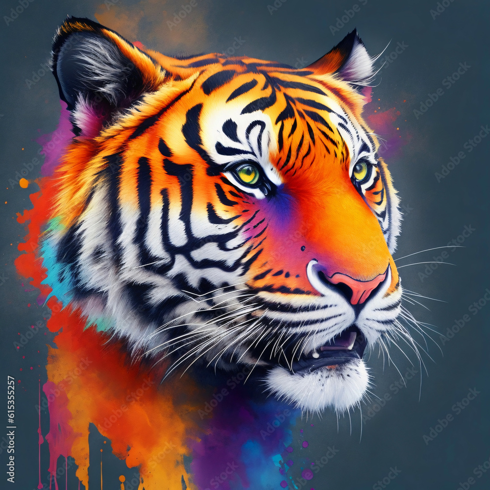 Portrait of a tiger, colorful inksplash art