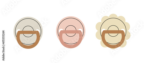 Baby pacifiers in scandinavian style concept. Baby kid and toddler rubber toys. Set of nipple for care. Childhood equipment. Cartoon flat vector illustration isolated on white background