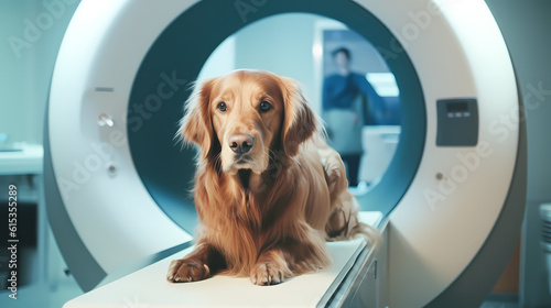 Dog lying on table before scanning in MRI equipment in veterinary clinic. Banner Vet CT scan for pet. Generation AI © Adin