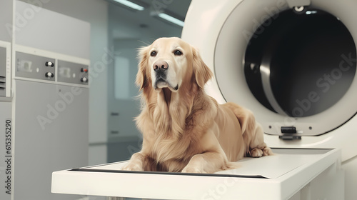 Dog lying on table before scanning in MRI equipment in veterinary clinic. Banner Vet CT scan for pet. Generation AI photo