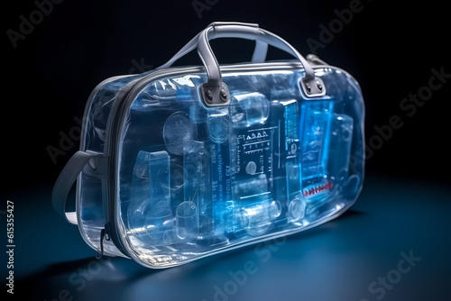 Security xray scan of bag with smuggling capsules drugs in airport. Concept Carriage of prohibited items in checked baggage. Generation AI photo
