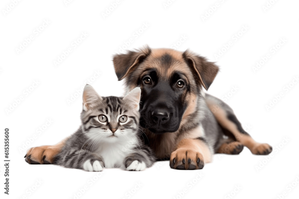 Dog and Cute Kitten Snuggled Together on a Transparent Background. AI
