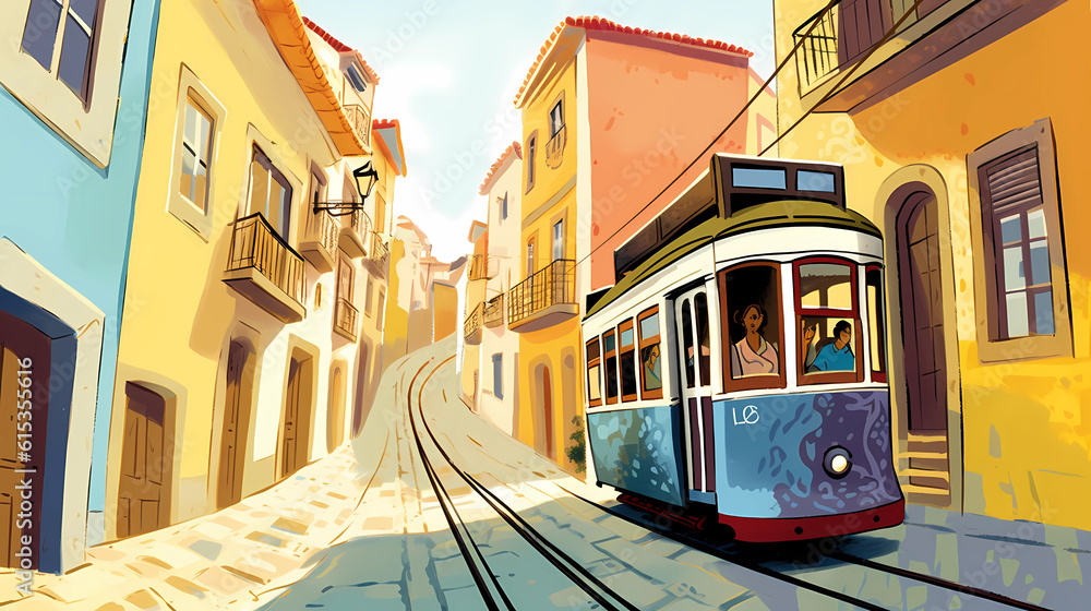 Fototapeta premium Illustration of a portuguese city with a tram, Portugal