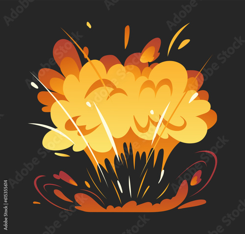 Bomb explosion vector concept. Destruction and demolition, detonation. Flame and flash, blast. Dynamite and bomb, grenade effect. Cartoon flat illustration isolated on black background