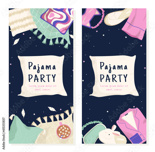 Pajama party invitation cards set. Postcard for holiday or festival. Event and disco. Covers with pillows and sleep mask in starry sky. Cartoon flat vector collection isolated on grey background