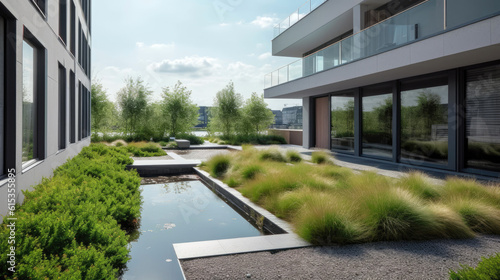 Minimalistic and contemporary, sleek and serene private garden that embodies the principles of Scandinavian design: functionality, simplicity, and connection to nature. Generative AI